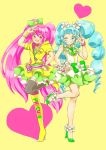  2girls aino_megumi alternate_form artist_request asymmetrical_clothes blue_eyes blue_hair boots copyright_name cure_lovely cure_princess double_v dress earrings english eyelashes green_dress green_shoes grin hair_ornament hair_ribbon happinesscharge_precure! happy heart heart_background high_heels highres jewelry lollipop_hip_hop long_hair looking_at_viewer macadamia_hula_dance magical_girl multiple_girls open_mouth pink_eyes pink_hair precure ribbon shirayuki_hime shoes single_thigh_boot smile source_request thigh_boots thighhighs thighs twintails v wink wrist_cuffs yellow_background yellow_dress 