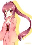  1girl ahoge brown_eyes character_name highres japanese_clothes kimono looking_at_viewer mushuu ponytail purple_hair silhouette smile solo sugiura_ayano yukata yuru_yuri 