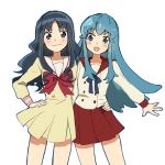  &gt;:) blue_eyes blue_hair hand_on_another&#039;s_hip happinesscharge_precure! heartcatch_precure! highres kurumi_erika long_hair precure sakuragi_mochi school_uniform shirayuki_hime simple_background smile wavy_hair white_background 