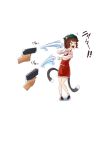 &gt;_&lt; 1girl animal_ears brown_hair cat_ears cat_tail chen closed_eyes covering_face fang firing hat multiple_tails open_mouth short_hair tail touhou water water_gun yumoteliuce 