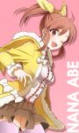  1girl abe_nana bow breasts brown_eyes brown_hair character_name hair_bow hinabu idolmaster idolmaster_cinderella_girls open_mouth short_hair simple_background skirt smile solo thighhighs wink 