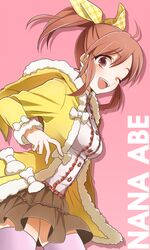  1girl abe_nana bow breasts brown_eyes brown_hair character_name hair_bow hinabu idolmaster idolmaster_cinderella_girls open_mouth short_hair simple_background skirt smile solo thighhighs wink 