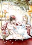  2girls alternate_costume blonde_hair bouquet breasts bridal_veil brown_eyes brown_hair cleavage couch couple dress flower garland_(decoration) gown hair_flower hair_ornament holding_hands jewelry kikuichi_monji lamp long_hair maribel_hearn multiple_girls necklace short_hair smile touhou tree usami_renko veil violet_eyes wedding_dress yuri 