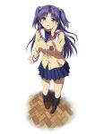 1girl blue_hair clannad hair_bobbles hair_ornament highres ichinose_kotomi long_hair mokkei school_uniform twintails two_side_up violet_eyes 