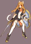  1girl animal_ears brown_hair cat_ears cat_tail dragon_quest long_hair red_eyes sheild sketch solo sword tail tatami_to_hinoki thigh-highs weapon 