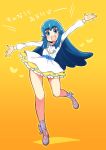  1girl blue_eyes blue_hair dress eyelashes gradient gradient_background happinesscharge_precure! happy heart jumping long_hair looking_at_viewer open_mouth orange_background precure shirayuki_hime shoes smile solo translation_request ukokkei yellow_background 