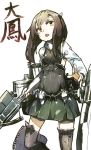  1girl benitama bike_shorts bow_(weapon) brown_eyes brown_hair crossbow flat_chest headband headgear kantai_collection open_mouth personification pleated_skirt short_hair skirt solo taihou_(kantai_collection) thighhighs weapon 