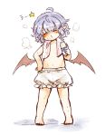  1girl barefoot bat_wings bloomers blue_hair bottle censored closed_eyes convenient_censoring maru_usagi milk_bottle pointy_ears remilia_scarlet simple_background solo topless touhou towel_around_neck translated underwear underwear_only uu~ wet white_background wings 