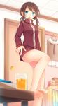  1girl bare_legs blue_eyes brown_hair clothes_hanger door glass goma_(11zihisin) highres no_pants original school_uniform solo tagme track_jacket twintails 