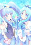  2girls blue_hair bow color_connection crown cure_marine cure_princess earrings grin happinesscharge_precure! hashibuto heartcatch_precure! holding_hands jewelry kurumi_erika long_hair magical_girl multiple_girls necktie precure shirayuki_hime smile tiara twintails 