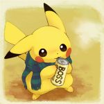  boss_coffee canned_coffee clothed_pokemon konanbo pikachu pokemon pokemon_(creature) scarf 