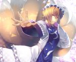  1girl blonde_hair dress fox_tail hat hat_with_ears highres long_sleeves multiple_tails niwashi_(yuyu) outstretched_arm solo tabard tail touhou white_dress wide_sleeves yakumo_ran yellow_eyes 