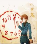  1boy ahoge axis_powers_hetalia belt blood bloody_clothes book brown_eyes brown_hair buttons chienoir clock collared_shirt copyright_name cuts flower hetaoni holding injury light_smile military military_uniform necktie northern_italy_(hetalia) pocket solo uniform 