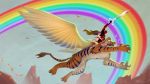  1boy 1girl bikini brown_hair crown deadpool garters highres long_hair marvel mask rainbow screencap swimsuit sword tiger weapon wings 