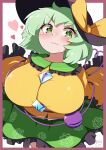  1girl absurdres blush border bow breasts floral_print frills green_eyes green_hair green_skirt hat hat_bow heart highres komeiji_koishi large_breasts long_sleeves looking_at_viewer polyhedron2 shirt short_hair skirt smile solo third_eye touhou wide_sleeves 