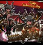  2girls :q black_legwear blush_stickers cape character_request cleaver dark_skin demon_girl demon_wings faulds hair_tubes happy_valentine heart horn_ribbon horns long_hair matsuda_yuusuke mini_wings multiple_girls red_eyes ribbon shield small_breasts smile spikes tail thighhighs tongue weapon wings 