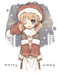  1girl 7010 blonde_hair blue_eyes blush hat merry_christmas open_mouth original santa_hat smile solo 