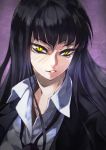  1girl bangs black_hair blush bust female_protagonist_(houkago_play) houkago_play long_hair loose_necktie necktie school_uniform slit_pupils solo uwtk yellow_eyes 