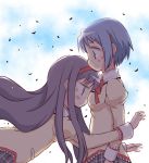  2girls akemi_homura black_hair blue_eyes blue_hair hair_ornament hair_ribbon hairclip kojima_tsuma long_hair mahou_shoujo_madoka_magica mahou_shoujo_madoka_magica_movie miki_sayaka multiple_girls ribbon school_uniform short_hair sweatdrop tripping violet_eyes 