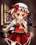  1girl :o ascot bat blonde_hair flandre_scarlet hallway hand_on_own_face hat hat_ribbon looking_at_viewer mob_cap open_mouth puffy_short_sleeves puffy_sleeves red_eyes ribbon rinne_(kouheiramia) short_hair short_sleeves side_ponytail skirt skirt_set solo touhou window wings 