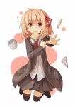  1girl ahoge black_legwear blonde_hair cup mouth_hold mug outstretched_hand pencil red_eyes rumia sh_(562835932) short_hair skirt solo thighhighs toast toast_in_mouth touhou 