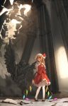  1girl arms_behind_back ascot blonde_hair destruction flandre_scarlet floor hat looking_away mary_janes pillar red_eyes shoes short_hair side_ponytail skirt solo statue touhou white_legwear wings xiao_qiang_(overseas) 
