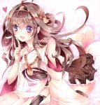  1girl antennae bare_shoulders bent_over black_legwear brown_hair collarbone commentary_request detached_sleeves fang finger_to_cheek hairband heart kantai_collection kongou_(kantai_collection) long_hair long_sleeves nanase_nao open_mouth personification sash shirt skirt smile solo thighhighs very_long_hair violet_eyes wide_sleeves zettai_ryouiki 