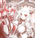  2girls airfield_hime battleship-symbiotic_hime black_hair breasts cleavage horns kantai_collection long_hair looking_at_viewer monster multiple_girls okitakung oni_horns open_mouth pale_skin personification red_eyes shinkaisei-kan smile white_hair 