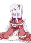  1girl dress hair_bobbles hair_ornament kenii light_smile long_hair looking_at_viewer one_side_up red_dress sash shinki side_slit silver_hair simple_background sitting solo touhou touhou_(pc-98) turtleneck very_long_hair violet_eyes wariza white_background 