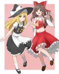  2girls apron arice-spead-21 armpits bare_shoulders black_legwear blonde_hair bow braid brown_eyes brown_hair detached_sleeves grin hair_bow hair_tubes hakurei_reimu hands_together hat hat_bow highres kirisame_marisa long_hair long_sleeves looking_at_viewer midriff multiple_girls navel open_mouth pink_background pose puffy_sleeves shirt short_sleeves single_braid skirt skirt_set smile touhou v waist_apron white_background witch_hat 