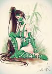  1girl akali artist_request bamboo breasts league_of_legends long_hair mask ponytail sideboob sitting solo thighhighs 