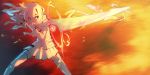  1girl charging energy energy_rings facing_viewer fingernails fire floating_red_sphere highres holding_sword jacket ladic long_hair looking_to_side miniskirt original red_eyes skirt solo stance sword thighhighs torn_clothes torn_thighhighs weapon 