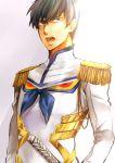  1boy black_hair blue_eyes ebippoid epaulettes genderswap highres junketsu kill_la_kill kiryuuin_satsuki male open_mouth short_hair solo white_background 