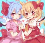  2girls animal_ears ascot bat_wings blonde_hair blue_hair blush bow cat_ears cat_tail crystal cuffs family fang flandre_scarlet hair_bow hair_ribbon heart holding_hands jewelry looking_at_viewer multiple_girls no_hat no_headwear open_mouth paragasu_(parags112) pink_eyes ponytail puffy_sleeves red_eyes remilia_scarlet ribbon sash shirt short_hair short_sleeves siblings side_ponytail simple_background sisters skirt skirt_set smile tail tongue tongue_out touhou vest white_shirt wings wink 