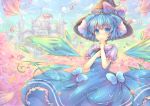  1girl alternate_headwear blue_dress blue_eyes blue_hair blue_sky blush bow church cirno clouds dress embellished_costume hair_bun hand_on_own_chest hand_to_own_mouth hat hat_bow ice ice_wings petals pjrmhm_coa puffy_sleeves shirt short_sleeves sky solo touhou wings witch_hat 