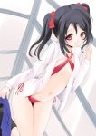  1girl bikini black_hair blush bow dutch_angle frapowa hair_bow long_hair love_live!_school_idol_project navel open_clothes open_shirt red_eyes side-tie_bikini skirt skirt_removed sling_bikini small_breasts smile socks solo swimsuit twintails yazawa_nico 