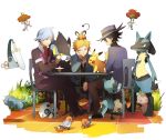  3boys aron beldum black_hair blonde_hair chair chin_rest crossed_legs cup dedenne denji_(pokemon) espurr fletchling floette gen_(pokemon) hat heiwa_(murasiho) highres honedge lucario luxray male multiple_boys pancham pikachu riolu short_hair silver_hair sitting spiky_hair teacup tsuwabuki_daigo 