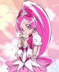  1girl choker cure_blossom dress earrings eyelashes gorou_(pixiv3249935) hanasaki_tsubomi heartcatch_precure! jewelry long_hair looking_at_viewer magical_girl pink pink_background pink_dress pink_eyes pink_hair ponytail precure puffy_sleeves solo very_long_hair wrist_cuffs 
