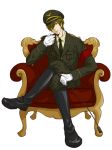  1boy armband boots brown_hair chair crossed_legs free! gloves green_eyes hair_over_one_eye hat highres male military military_uniform open_mouth riding_crop short_hair sitting tachibana_makoto uniform 