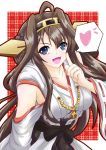  1girl blue_eyes blush breasts brown_hair detached_sleeves double_bun hair_ornament hairband headgear heart highres japanese_clothes kantai_collection kongou_(kantai_collection) long_hair nontraditional_miko open_mouth personification r68(rokuha) skirt smile solo 