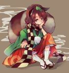  1girl animal_ears arm_support brown_eyes brown_hair futatsuiwa_mamizou geta glasses leaf leaf_on_head long_sleeves pince-nez raccoon_ears raccoon_tail sen1986 shirt sitting skirt solo tail touhou wide_sleeves 