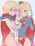  2girls alien blonde_hair blue_eyes breast_press breasts cape cellphone cleavage cleavage_cutout dated dc_comics eyebrows gloves heart kryptonian large_breasts long_hair multiple_girls phone power_girl ricken short_hair signature smartphone smile supergirl thighs 