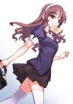  1girl ashigara_(kantai_collection) blush brown_eyes brown_hair hairband kantai_collection long_hair matsuryuu mouth_hold personification school_uniform short_sleeves skirt smile solo thighhighs toast toast_in_mouth white_legwear 