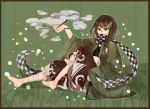  1girl applemerry63 barefoot brown_eyes brown_hair checkered female flower futatsuiwa_mamizou futatsuiwa_mamizou_(human) glasses hair_ornament hairclip haori highres japanese_clothes kiseru leaf leaf_hair_ornament long_hair pipe scarf sitting smoke touhou yagasuri 