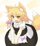  1girl animal_ears apron blonde_hair bow braid fang fox_ears fox_tail kirisame_marisa s_katsuo side_braid smile tail touhou yellow_eyes youkai_fox_(touhou) 