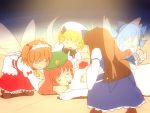  5girls a_dog_of_flanders blonde_hair bow brown_hair cirno closed_eyes drill_hair fairy_wings hair_bow hat hat_bow headdress hong_meiling ice ice_wings inubashiri_momiji inubashiri_momiji_(wolf) long_hair luna_child multiple_girls open_mouth parody redhead shirosato short_hair sleeping star_sapphire sunny_milk touhou twintails wings 