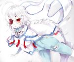  1girl ahoge blazblue bodysuit braid cape eyepatch long_hair nu-13 red_eyes silver_hair solo 