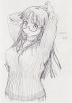  1girl blush breasts dated glasses kobayakawa_horan long_hair monochrome nekokami open_mouth original plump sketch solo sweater 