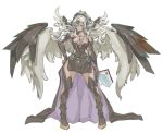  1girl aqua_eyes archangel_metatron_(p&amp;d) bare_shoulders black_dress book breasts dress elbow_gloves gloves hair_ornament hand_on_hip large_breasts looking_at_viewer ponytail puzzle_&amp;_dragons silver_hair solo tan thighhighs wings zutta 