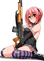  1girl bare_shoulders between_legs black_gloves blue_eyes blush boots breasts cleavage cross earrings elbow_gloves fingerless_gloves gen_(black_factory) gloves gun heterochromia huge_breasts jewelry original red_eyes redhead rifle short_hair simple_background sitting solo striped striped_legwear thighhighs two_side_up wariza weapon white_background yellow_eyes 